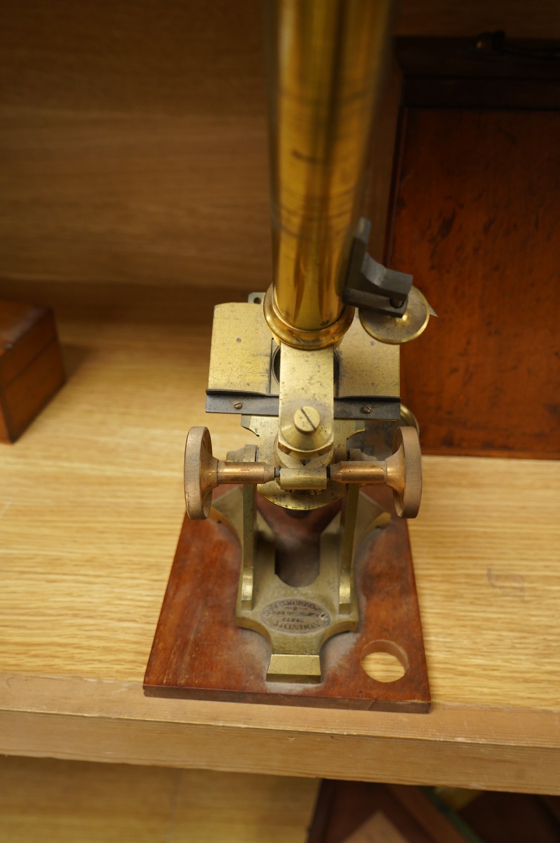 A late 19th century lacquered brass spectroscope, in three sections , by John Brown, 63, Strand, London, mahogany cased; 19 x 13.5 x 7cm